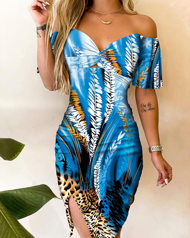 

All Over Print Twisted Split Bodycon Dress, Blue