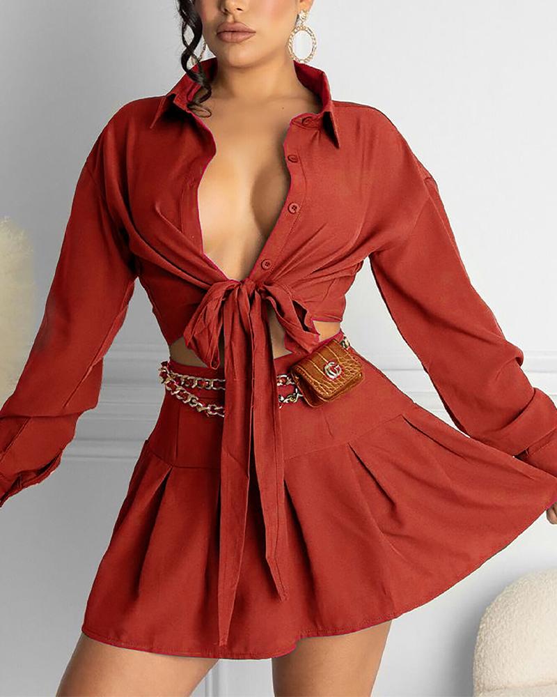 

Long Sleeve Knot Front Button Up Top & Pleated Skirt Set, Red