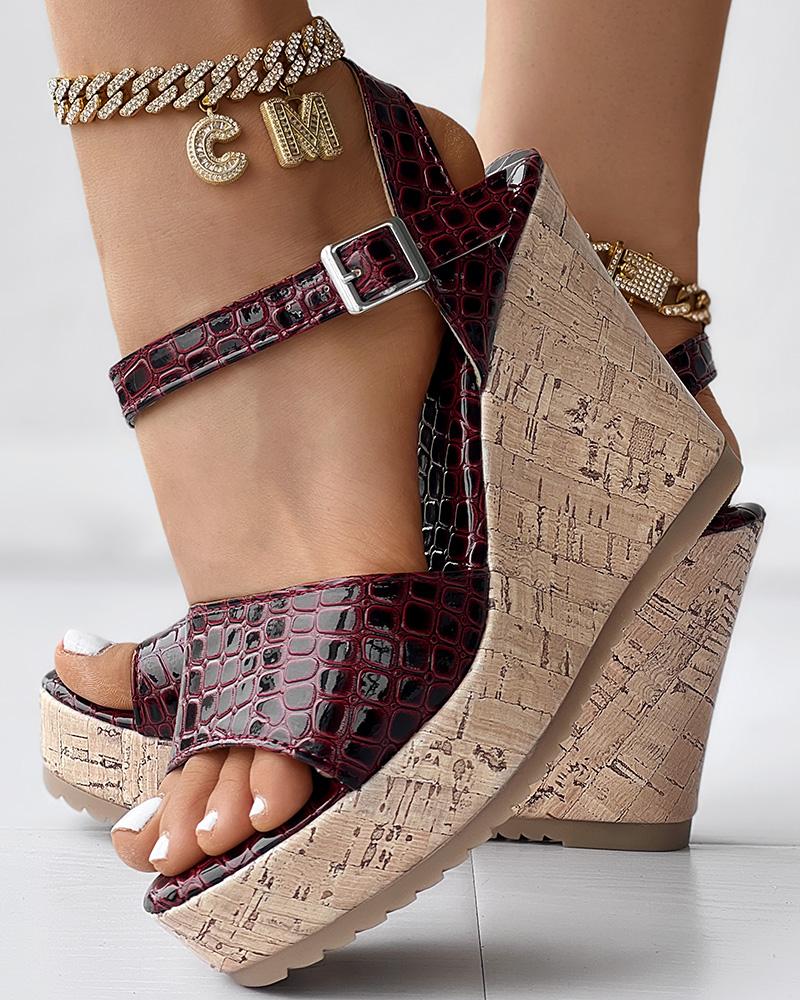 

Peep Toe Ankle Strap Platform Wedge Sandals, Wine red