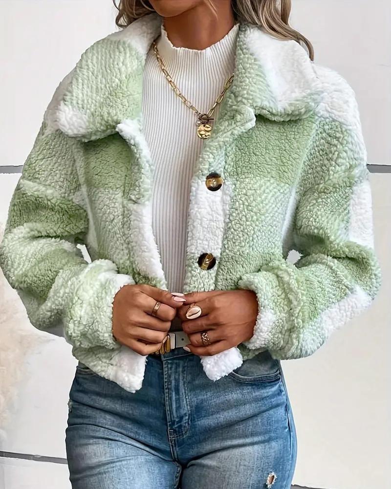 

Plaid Pattern Turn-down Collar Teddy Coat Button Front Fleece Thermal Jacket, Green