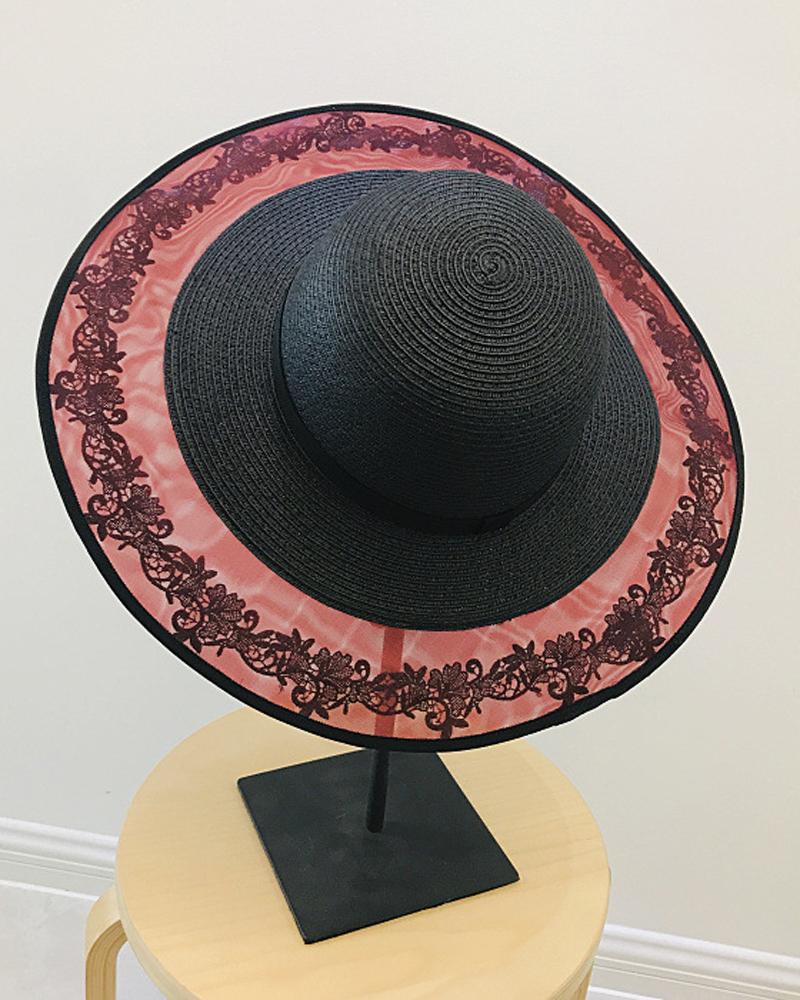 

Contrast Mesh Lace Patch Straw Hat, Black