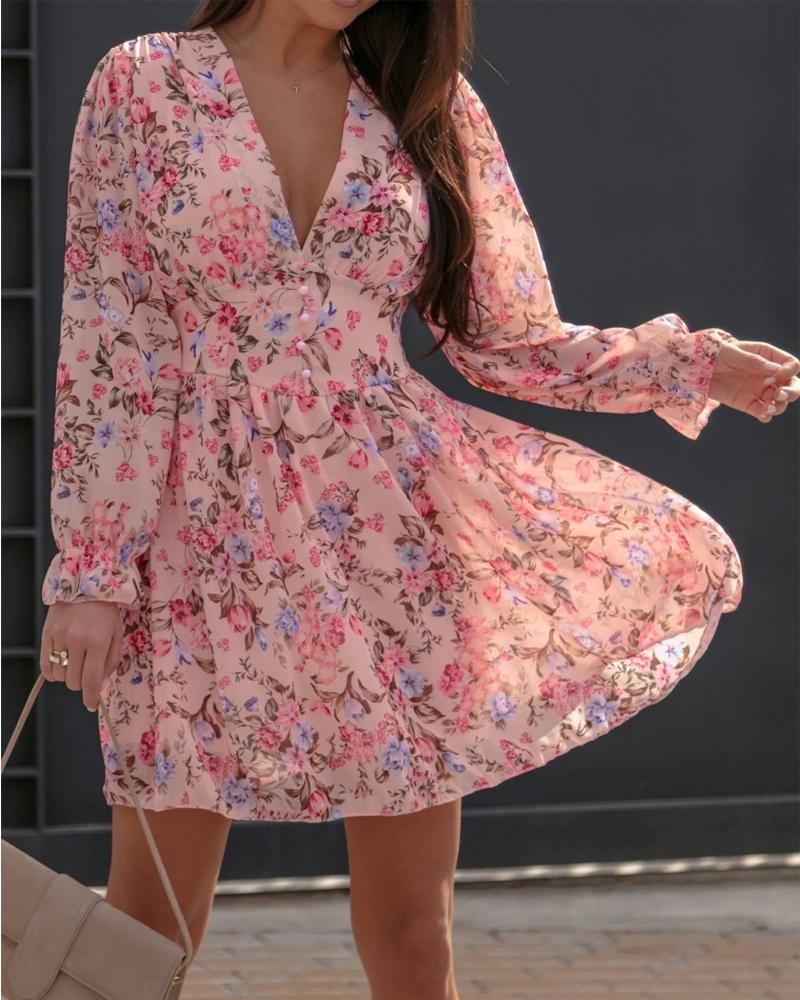 

Flounce Sleeve Corset Design Floral Print Dress, Pink