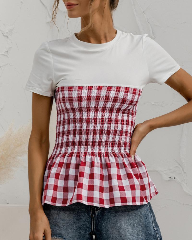 

Plaid Colorblock Shirring Round Neck T-Shirt, Red