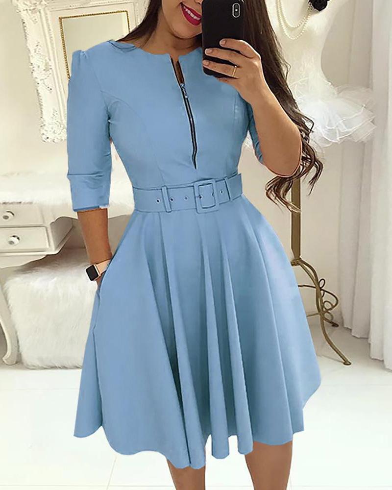 

Zipper Pocket Design Casual Dress, Lighted blue