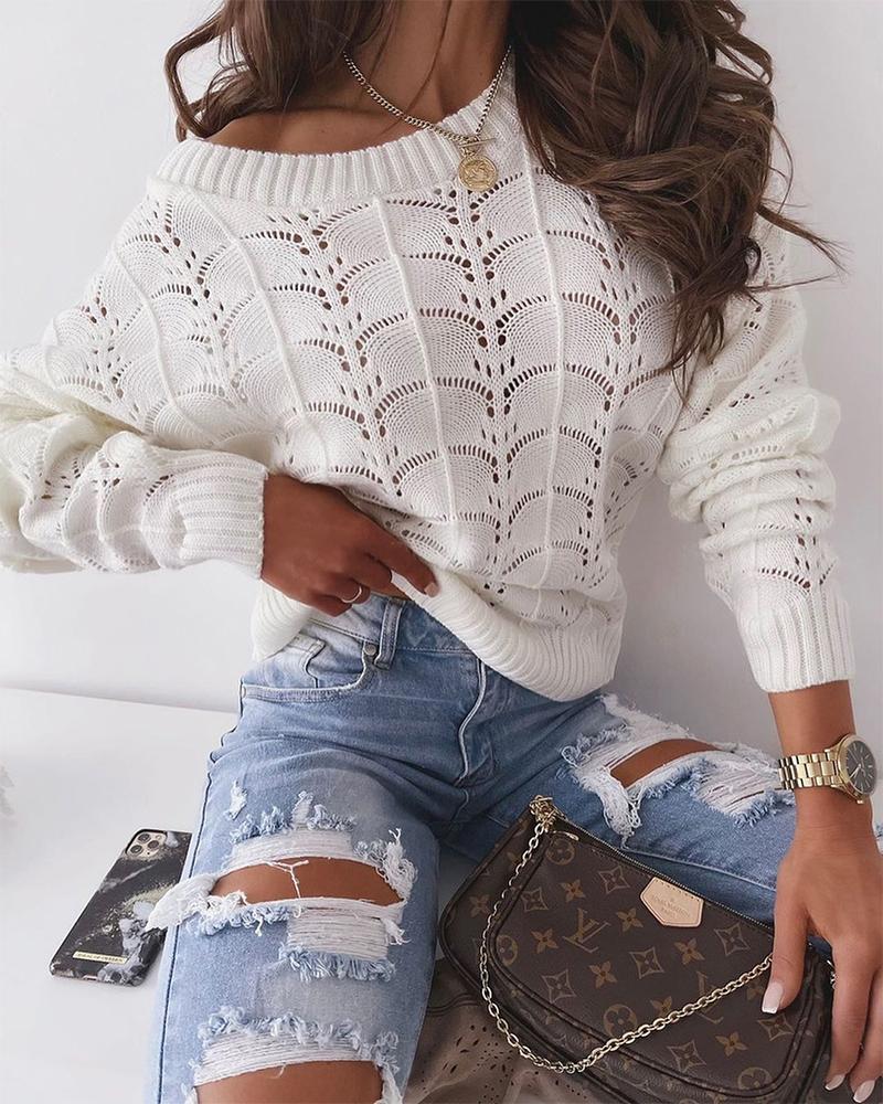 

Long Sleeve Knit Hollow Out Sweater, White