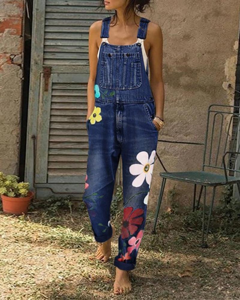 

Pocket Floral Print Suspender Denim Jumpsuit, Dark blue