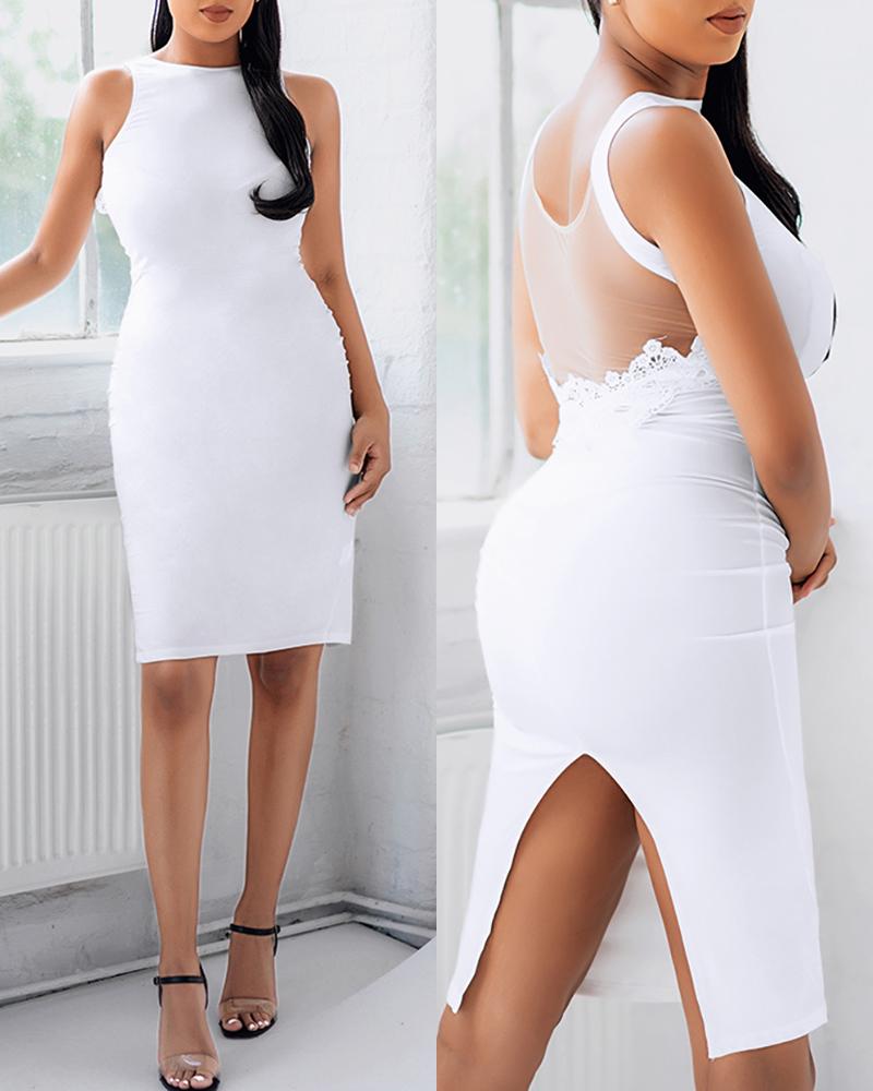 

Solid Open Back Lace Trim Split Bodycon Dress, White