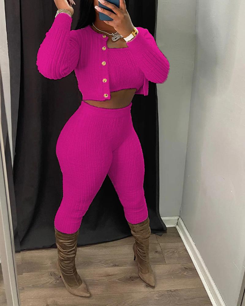 

3PCS Bandeau Crop Top & Pants Set With Cardigan, Hot pink