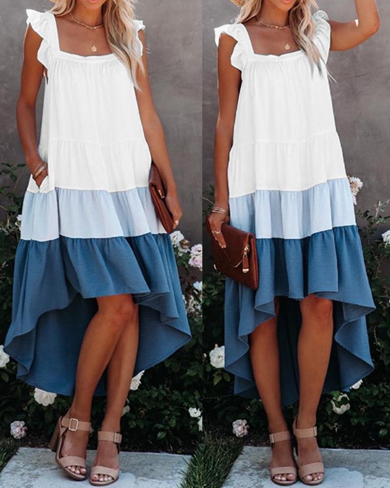 

Colorblock Flutter Sleeve Ruffles Dip Hem Casual Dress, Blue