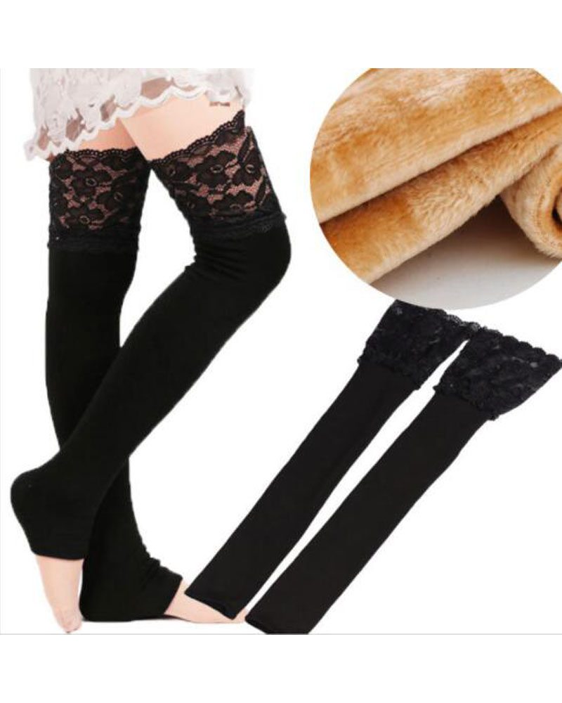 

Contrast Lace Fleece Lined Over Knee High Footless Socks, Black