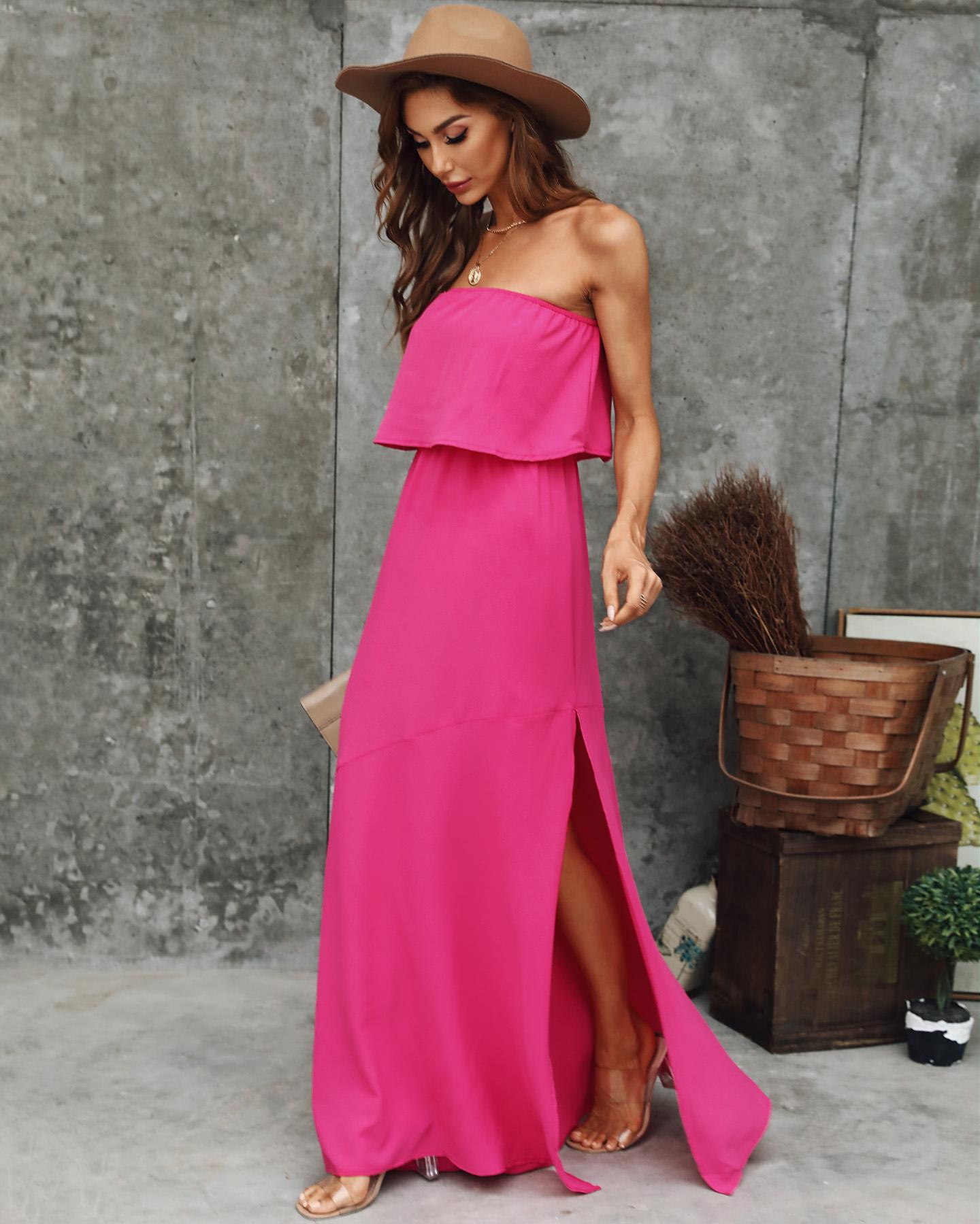 

High Slit Bandeau Ruffles Maxi Dress, Hot pink