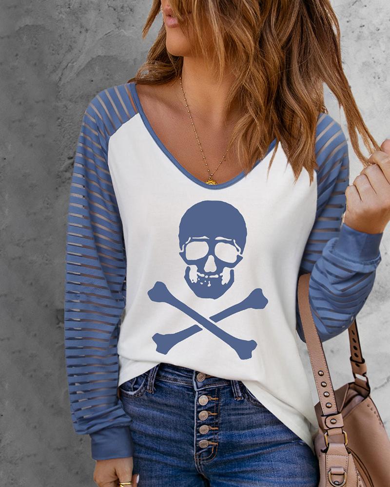 

Halloween Skull Print Mesh Patch Top, Blue