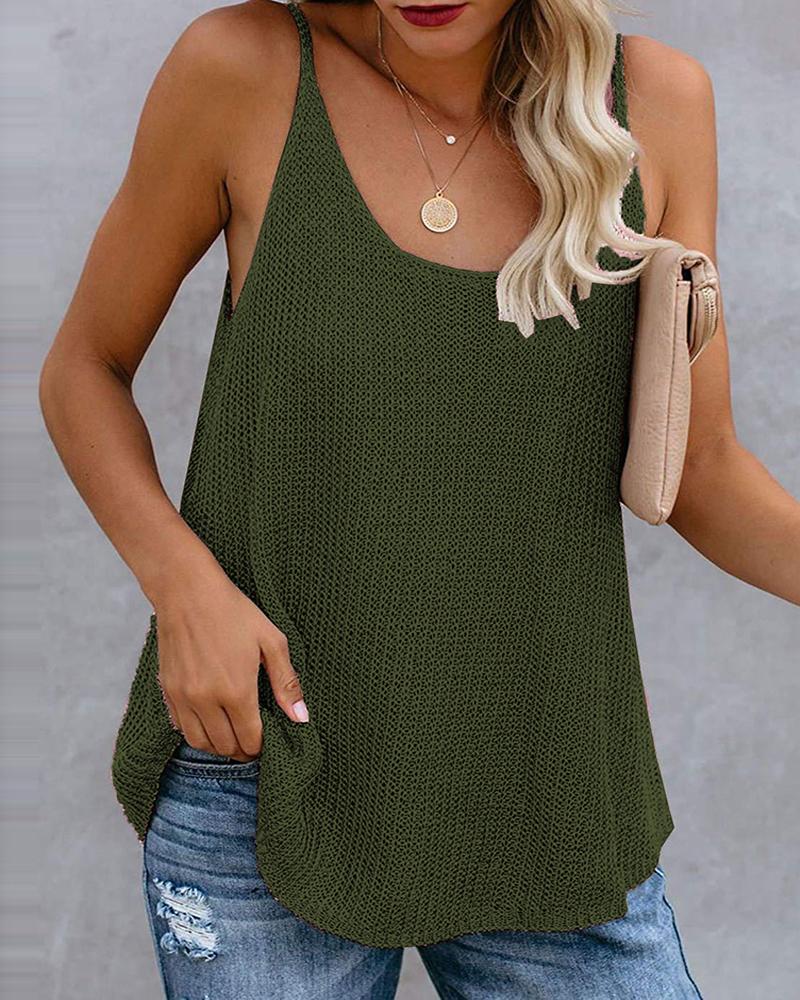 

Colorblock / Plain Knitted U-Neck Sleeveless Top, Green