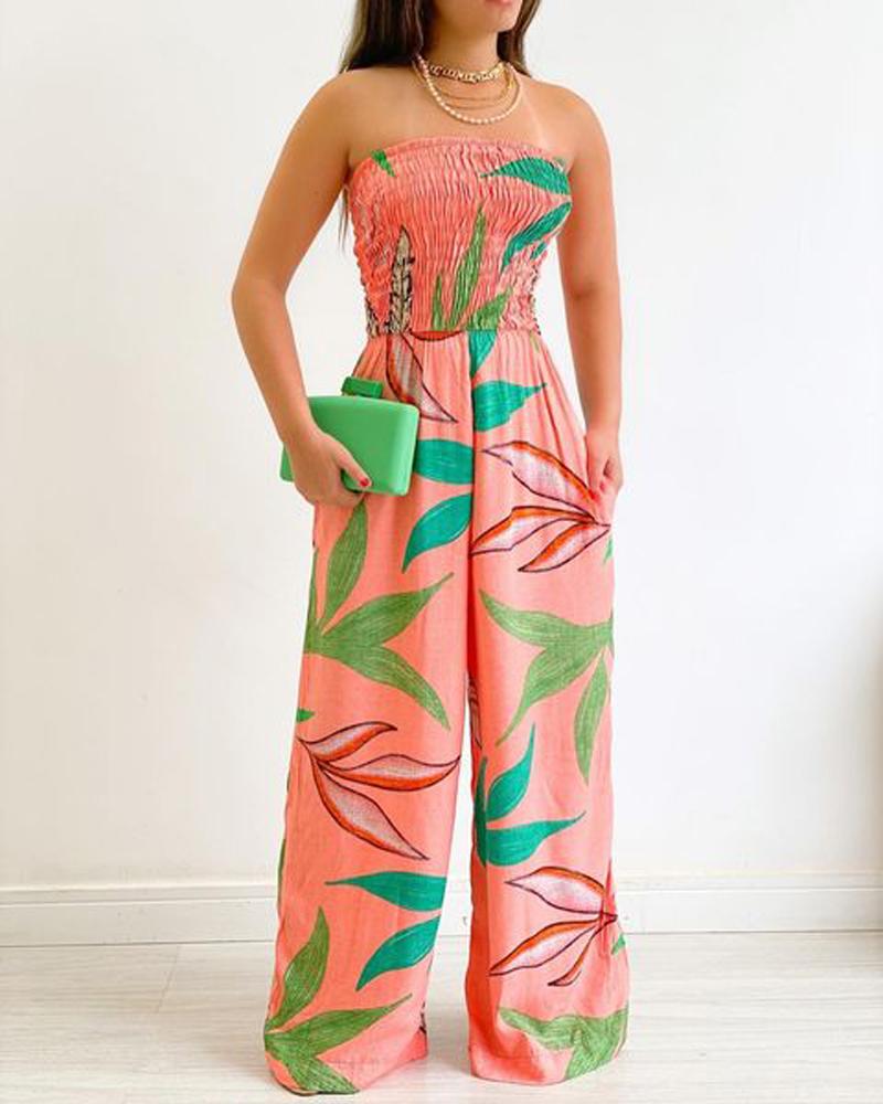 

Plants Print Shirred Tube Jumpsuit, Pink