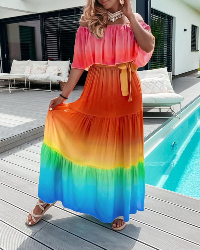 

Ombre Off Shoulder Ruffle Hem Maxi Dress, Multicolor