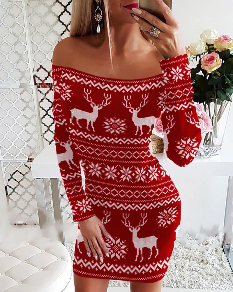 

Christmas Off Shoulder Deer Snowflake Print Bodycon Dress, Red