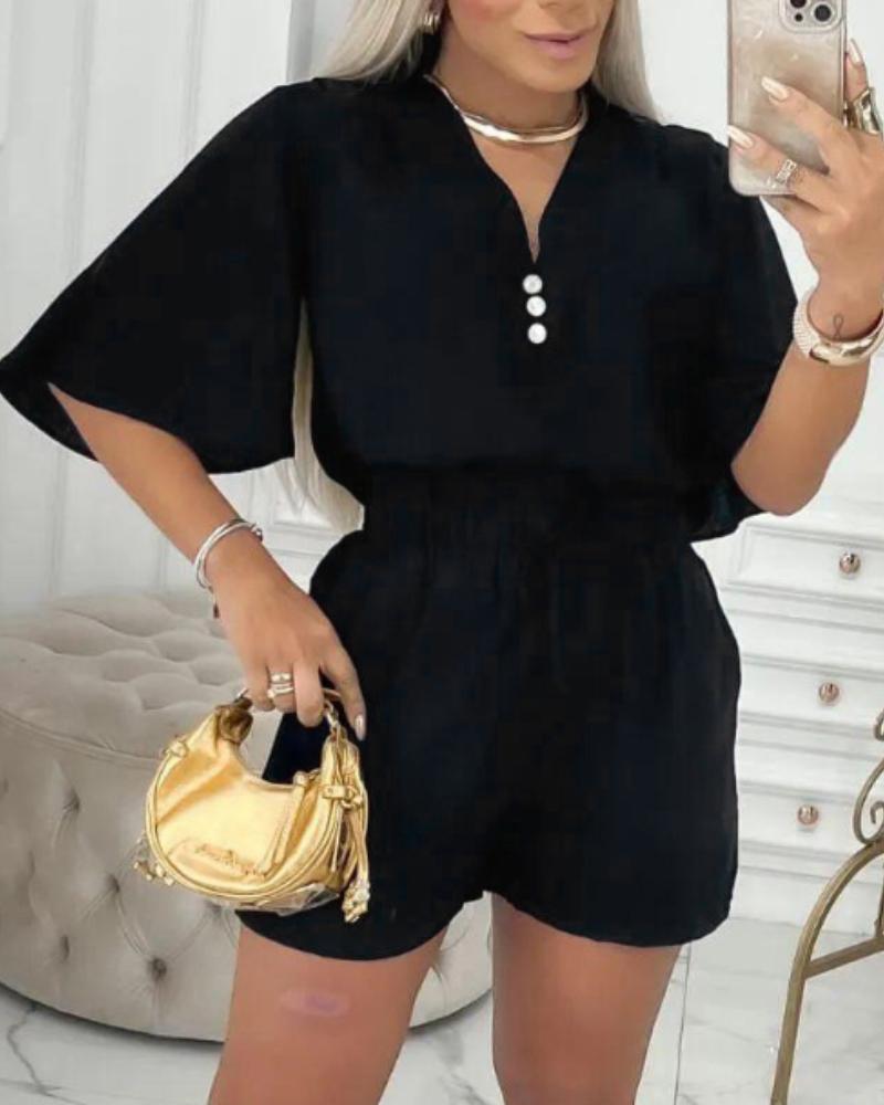 

2 Pieces V Neck Button Decor Bell Sleeve Top and Casual Drawstring Stechy Waist Shorts Set, Black