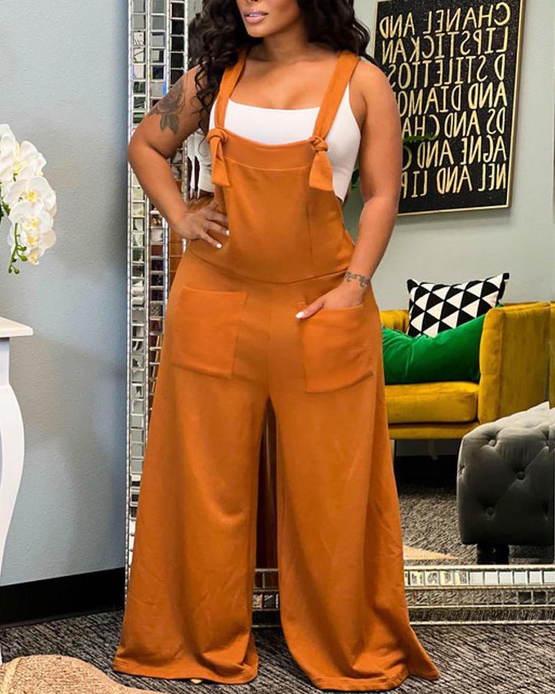 

Wide Leg Pocket Design Suspender Jumpsuit, Brown