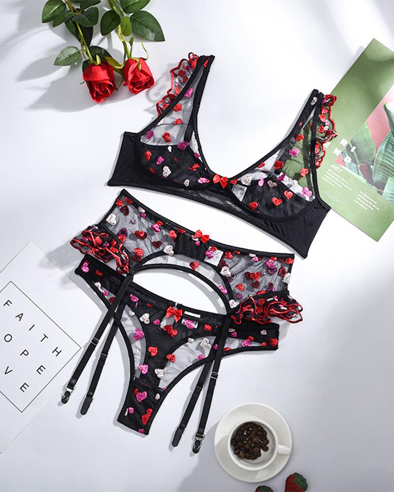 See-through Mesh Splicing Heart Embroidery Sling 3PC Bra Sets With Garter