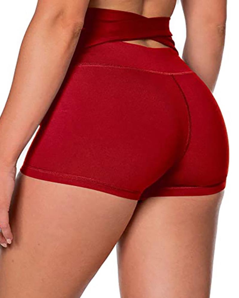 

High Waisted Bandage Cutout Butt Lifting Yoga Shorts, Wine red