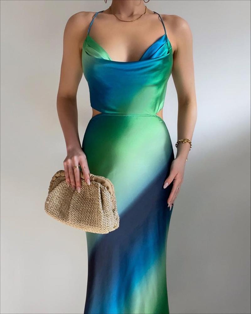 

Cutout Ombre Satin Maxi Slip Dress, Blue