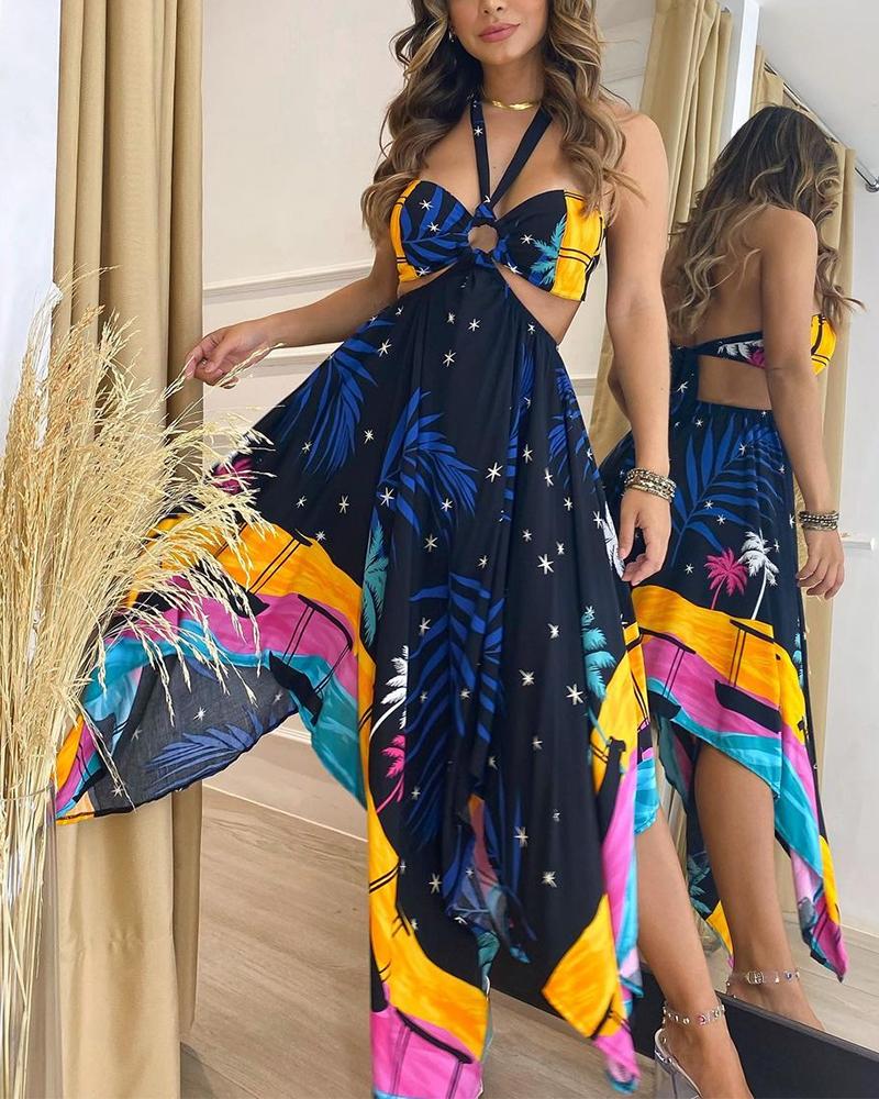 

All Over Print Splicing O-ring Cut-out Halter Sleeveless Maxi Dress, Multicolor