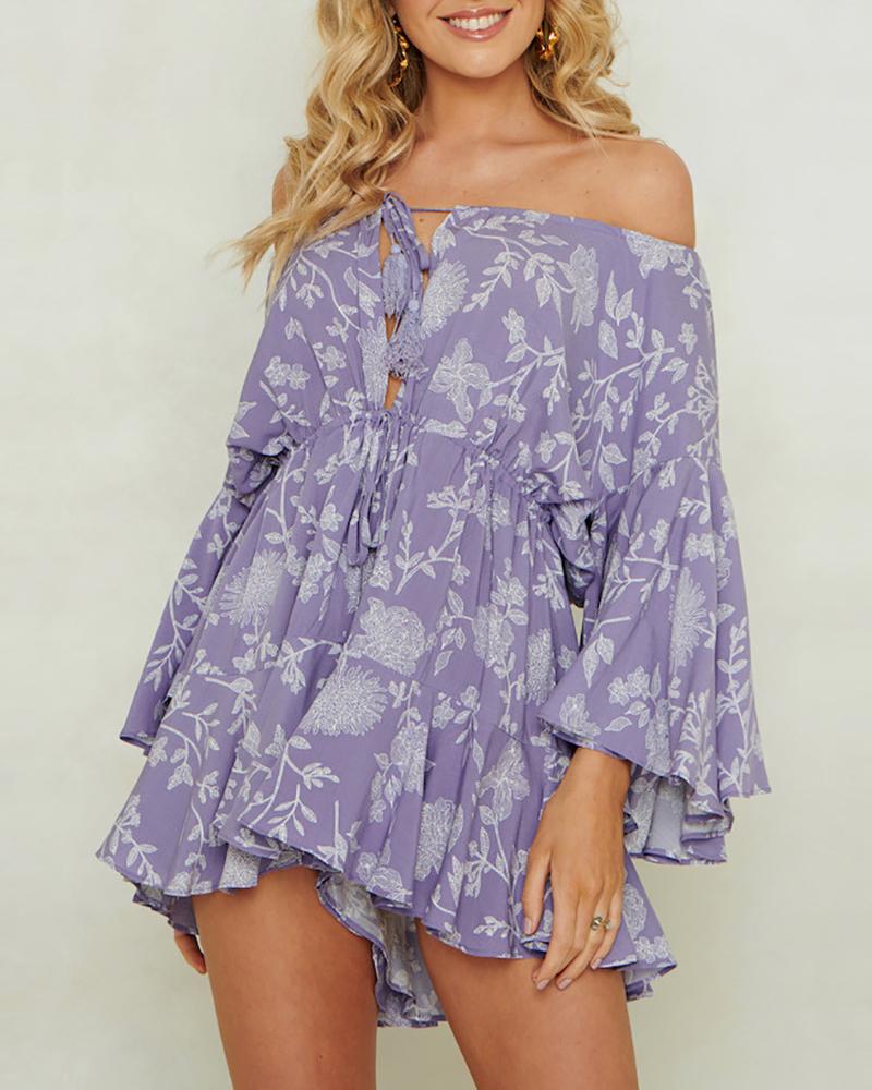 

Off Shoulder Floral Print Long Sleeve Romper, Purple