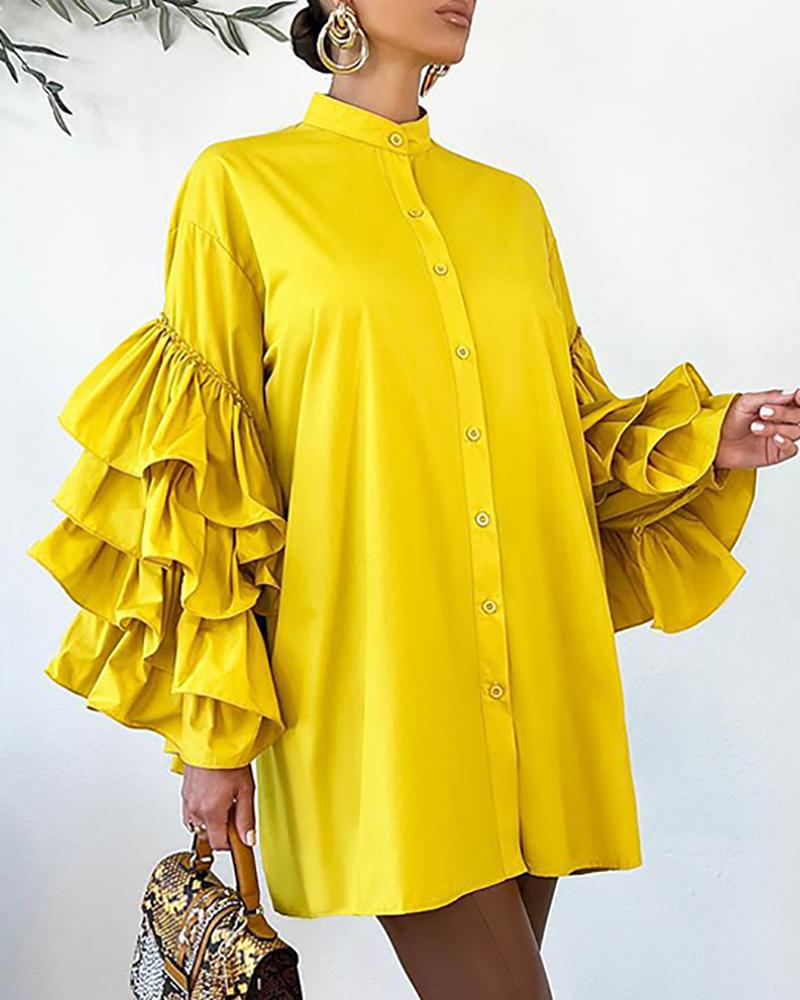 Layered Ruffle Hem Button Front Shirt Dress