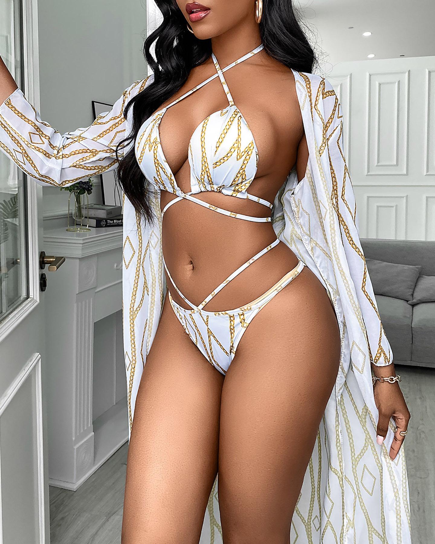 

3PCS Chain Geometry Print Cutout Bikini Set With Cover Up, White