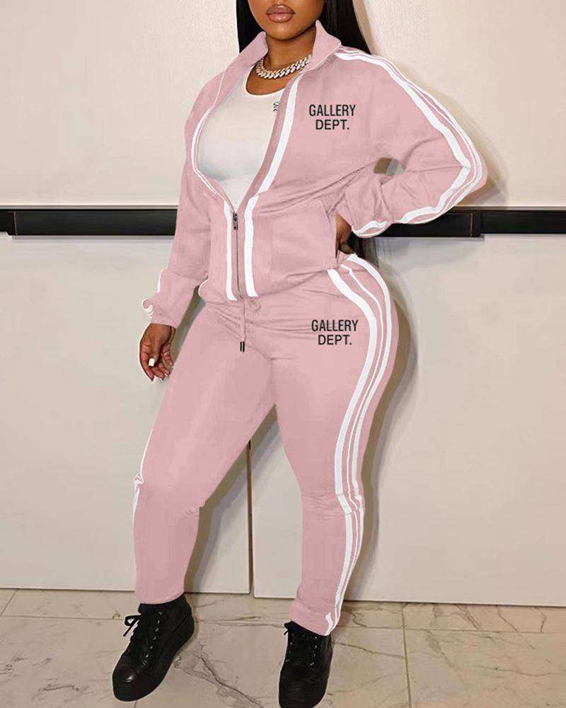 

Letter Pattern Zipper Desigan Top & Pants Set, Pink