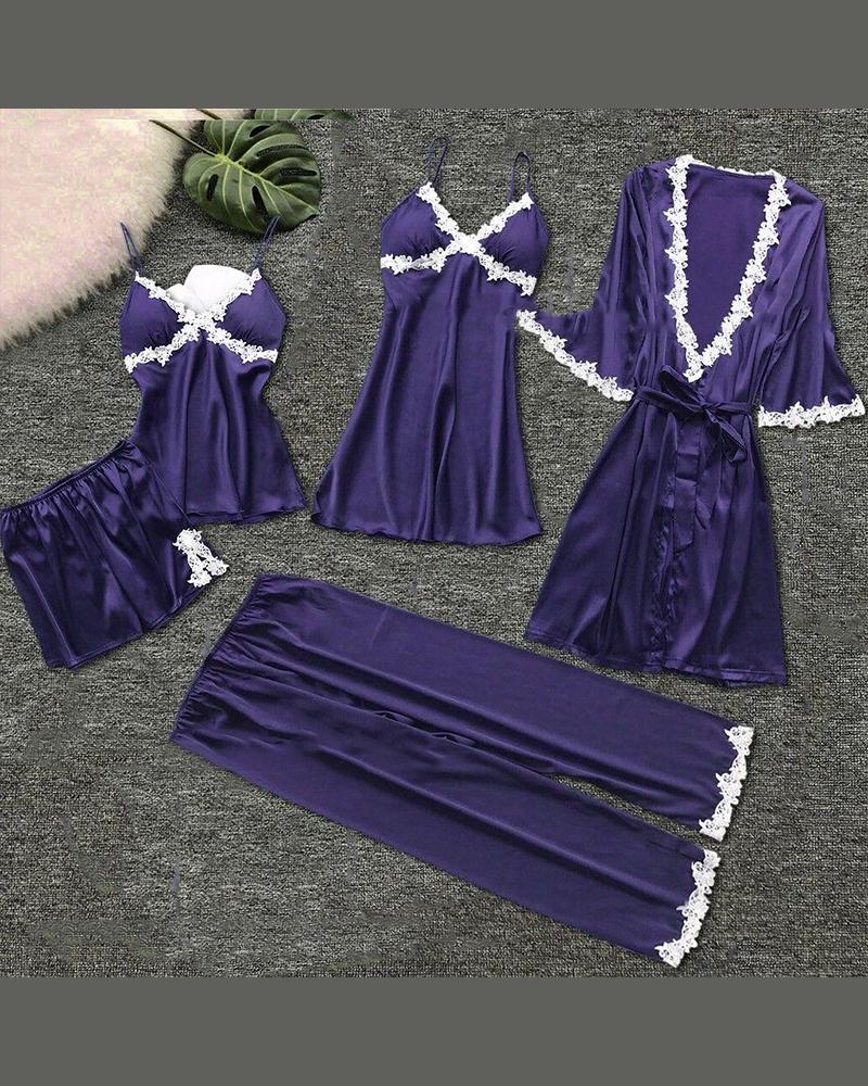 

Eyelash Lace Cami & Robe 5PCS Set, Purplish blue