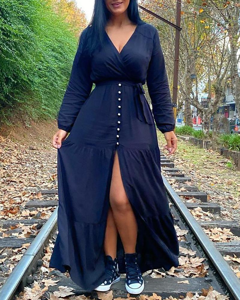 

Long Sleeve High Slit Button Design Maxi Dress, Black