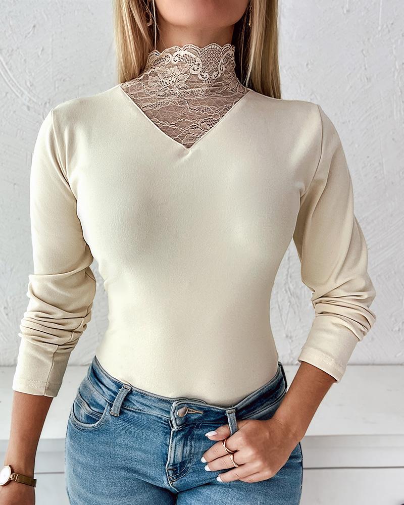 

Contrast Lace Warm Fleece Lined Long Sleeve Top, Apricot