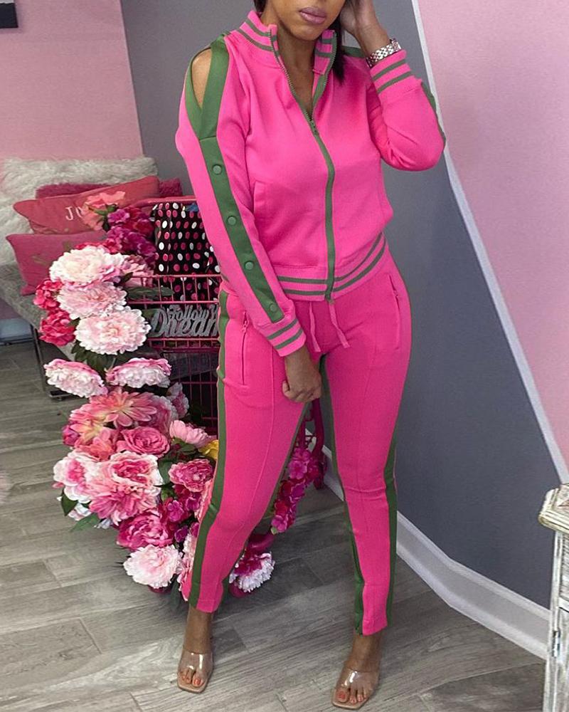 

Striped Buttoned Zipper Design Top &Pants Set, Hot pink