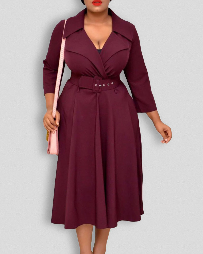 

Plus Size Pocket Detail Belted Work Dress, Wine red
