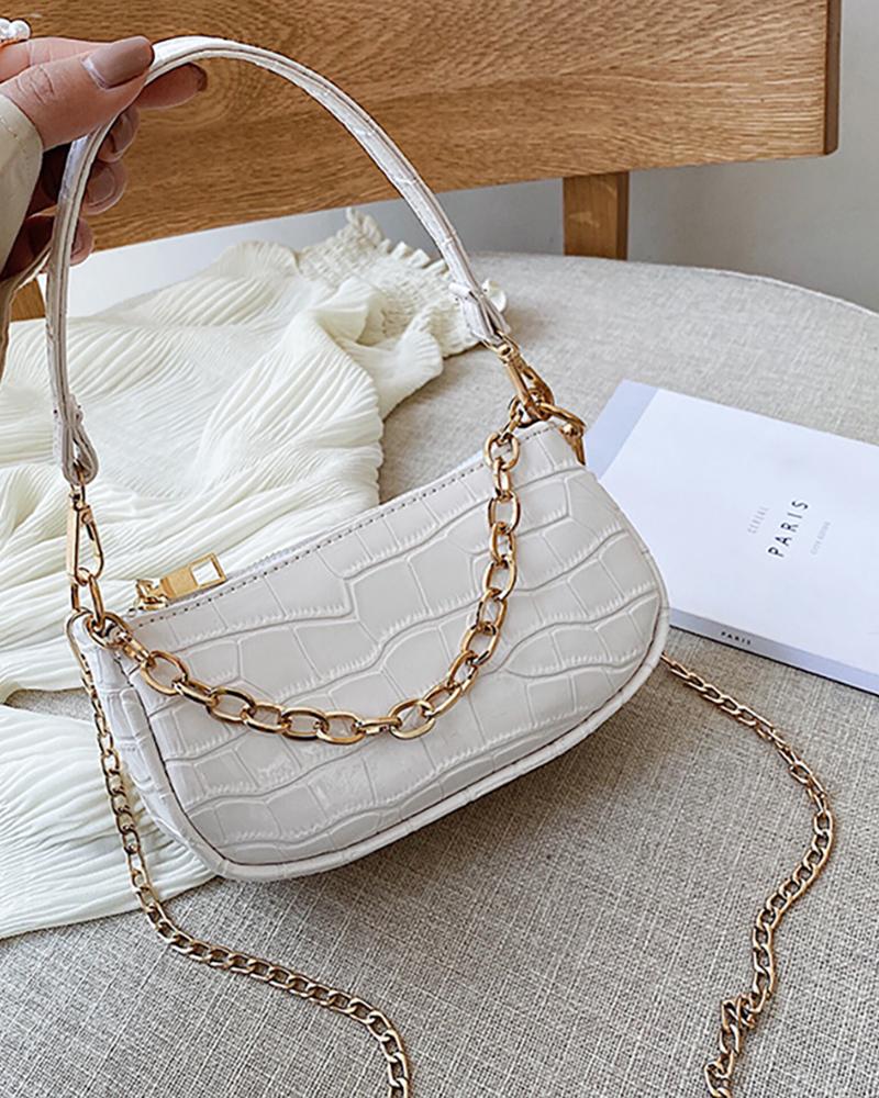 

Chain Strap Croc Embossed Baguette Bag, White
