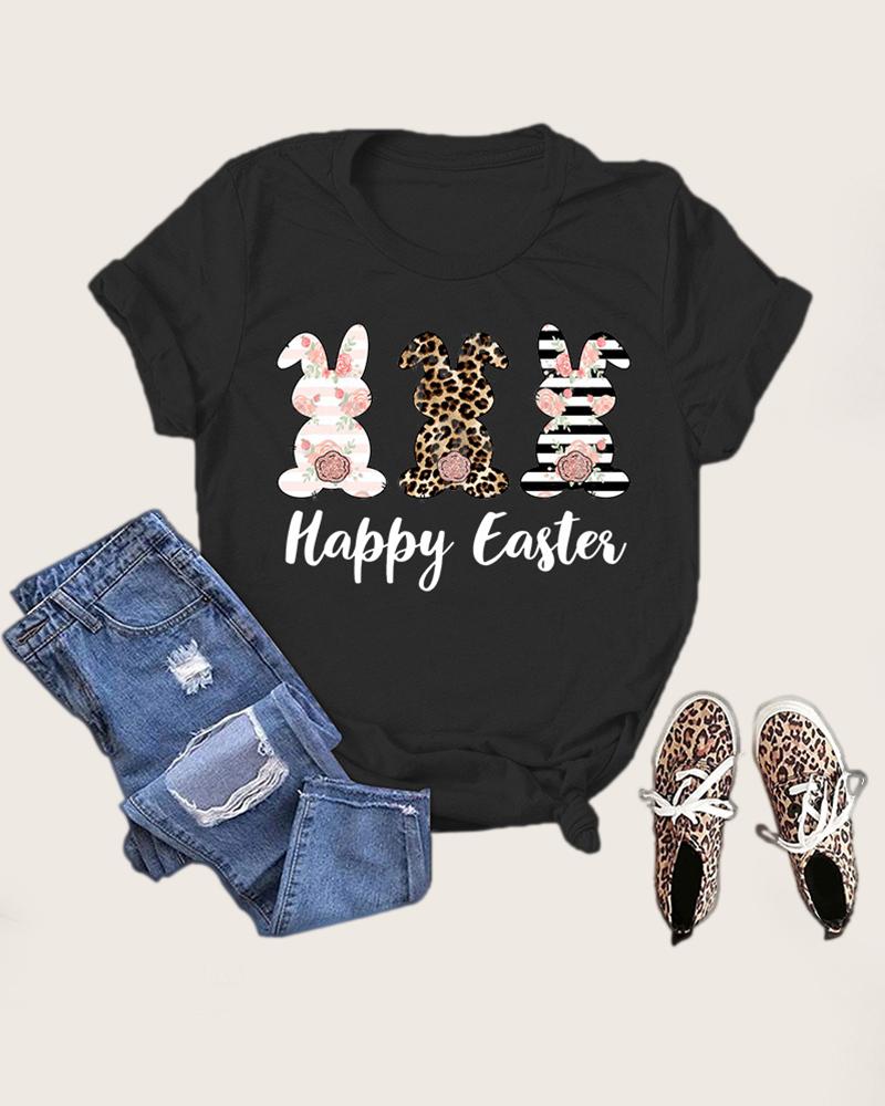 

Easter Bunny Letter Print Short Sleeve T-Shirt, Black