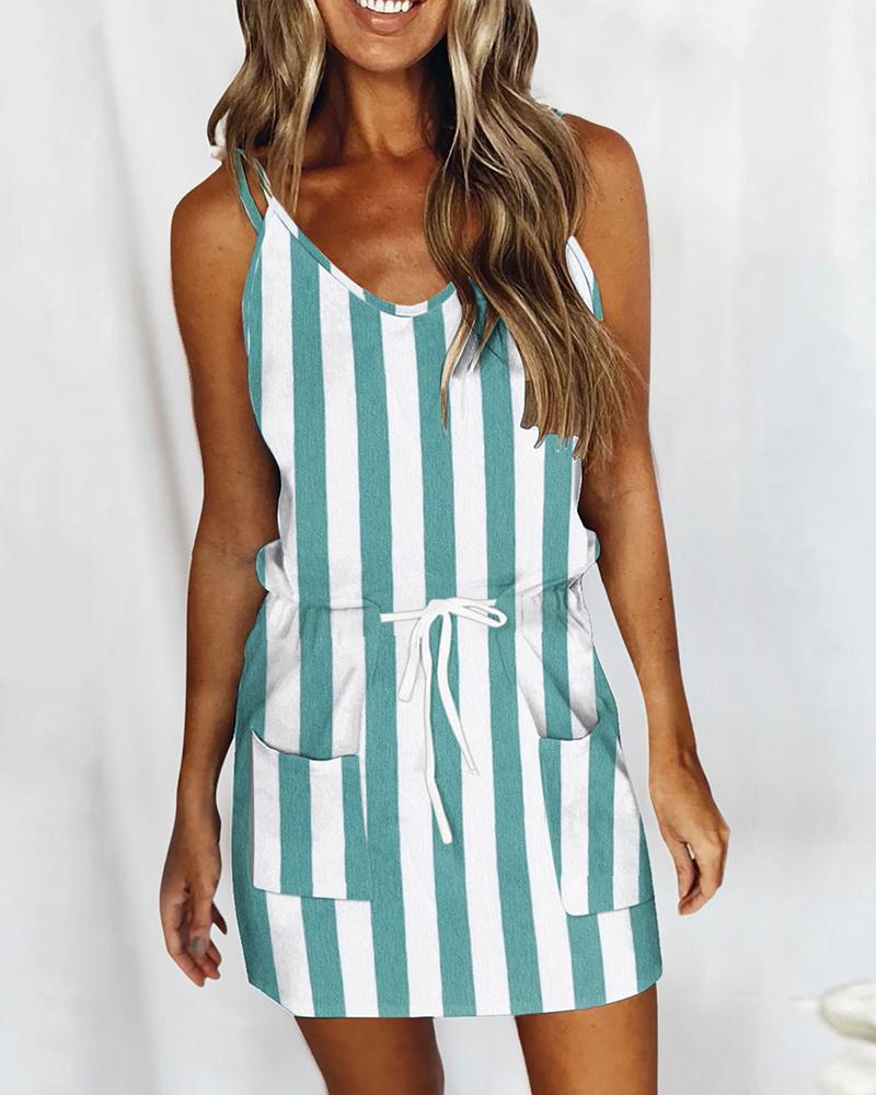 

Pocket Decor Striped Print Drawstring Cami Dress, Style3