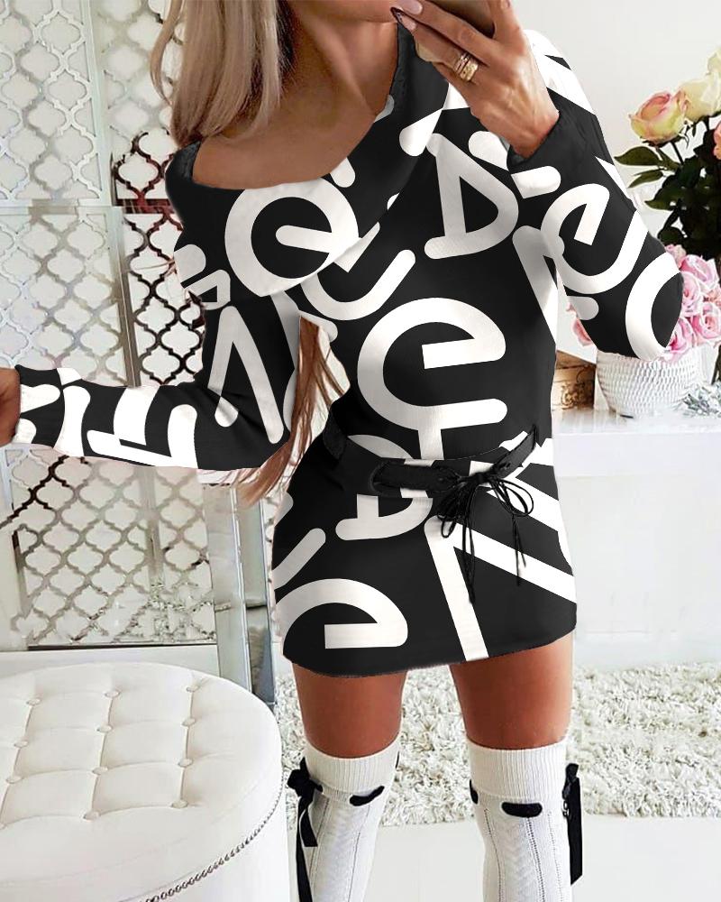 

Letter Print Cold Shoulder Long Sleeve Dress, Black