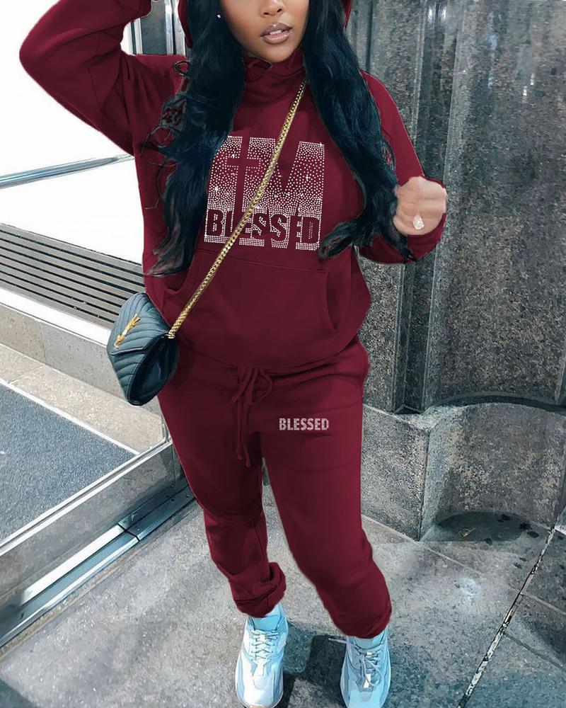 

Plus Size Rhinestone Letter Pattern Casual Hoodie & Pants Set, Red