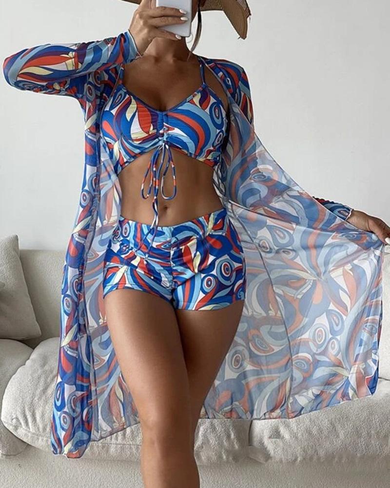 

3PCS Allover Print Drawstring Bikini Set With Cover Up, Blue