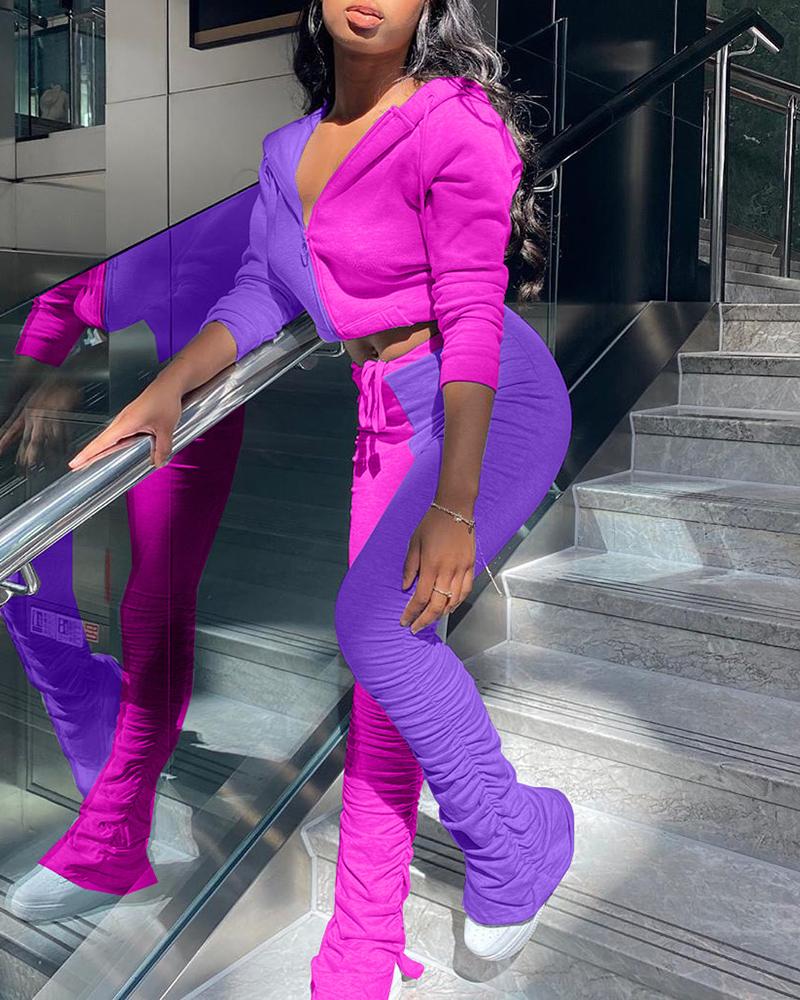 

Colorblock Hooded Top & Ruched Slit Pants Set, Purple