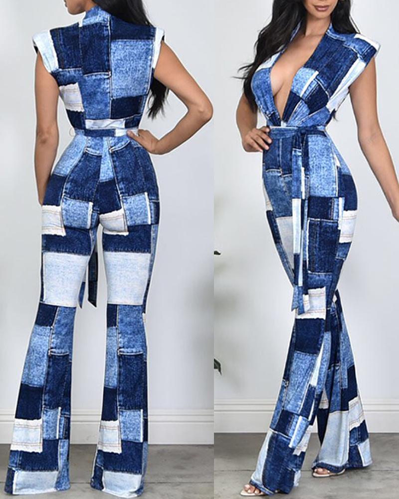 

Denim Look Print Bootcut Jumpsuit, Blue