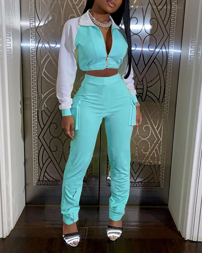 

Colorblock Zipper Front Coat & Pocket Design Pants Set, Blue