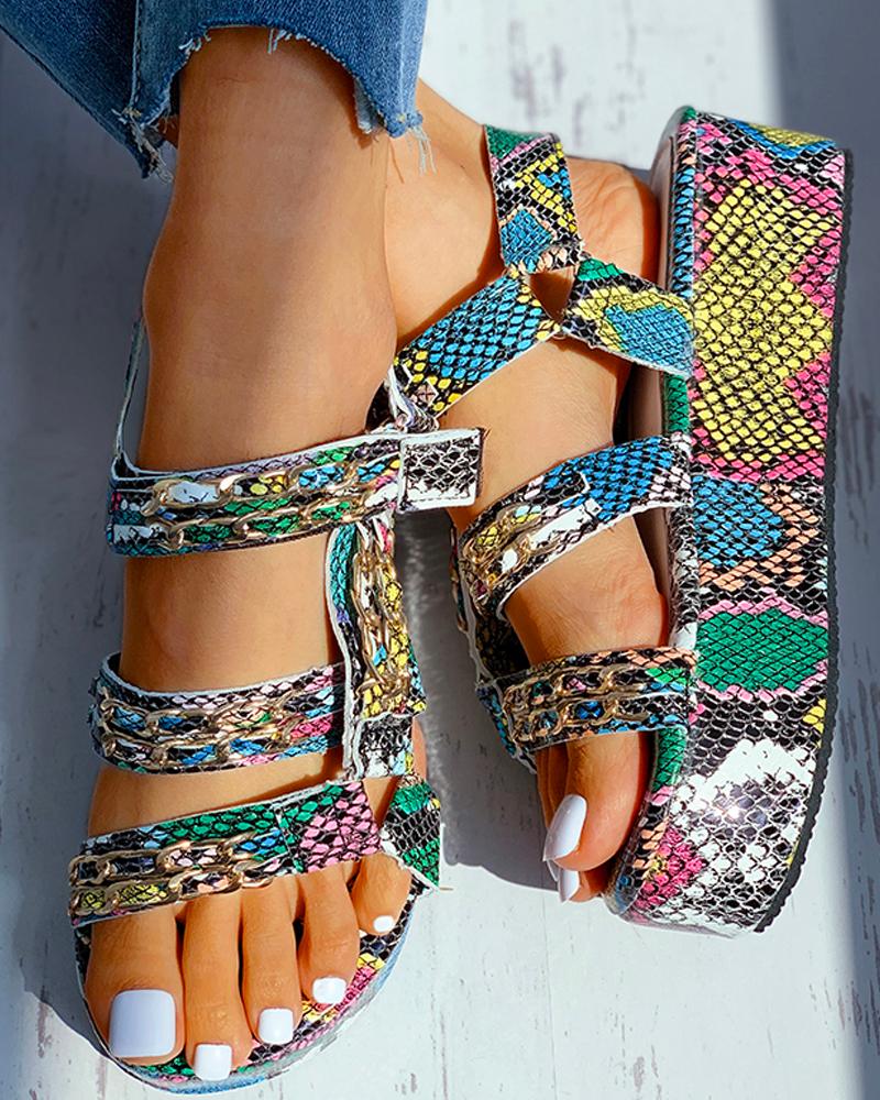 

Snakeskin / Cheetah Print Velcro Platform Sandals, Multicolor
