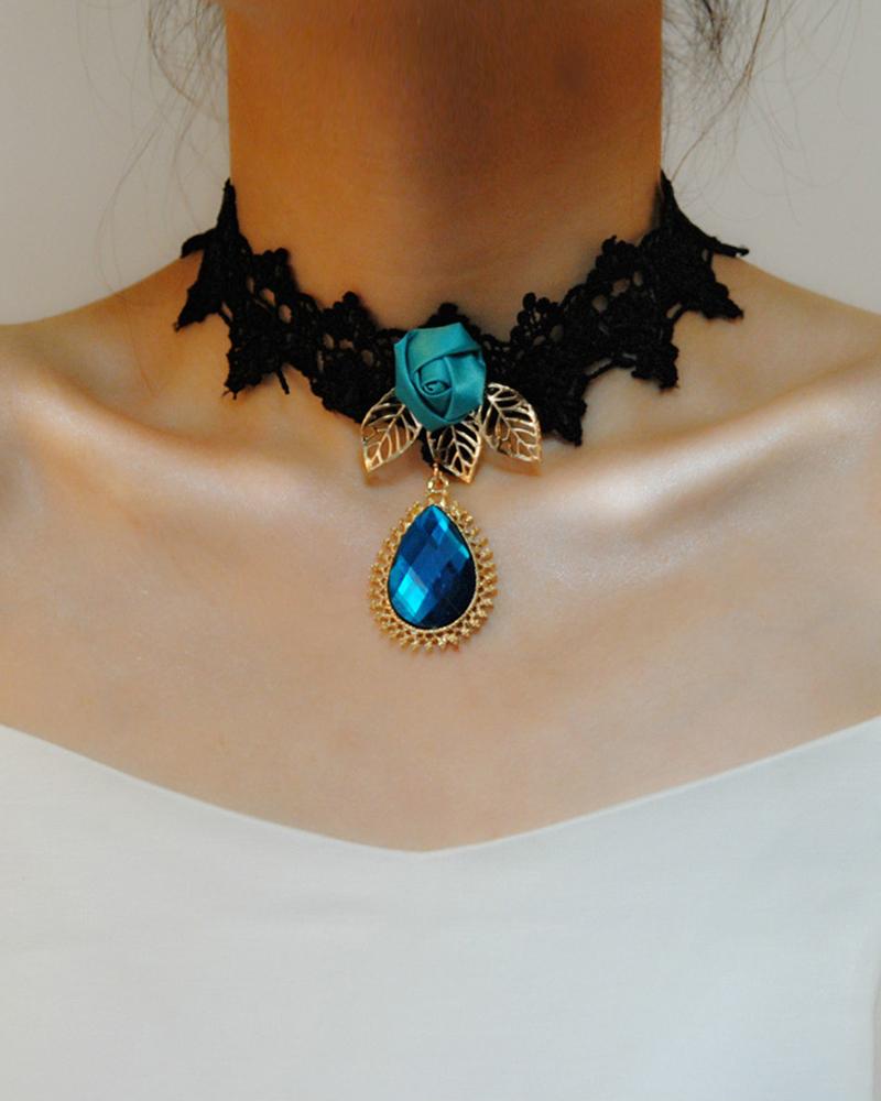 

Floral Leaf Pattern Rhinestone Pendant Lace Choker, Blue
