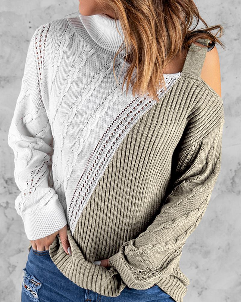 

Colorblock Cold Shoulder Cable Knit Sweater, Apricot