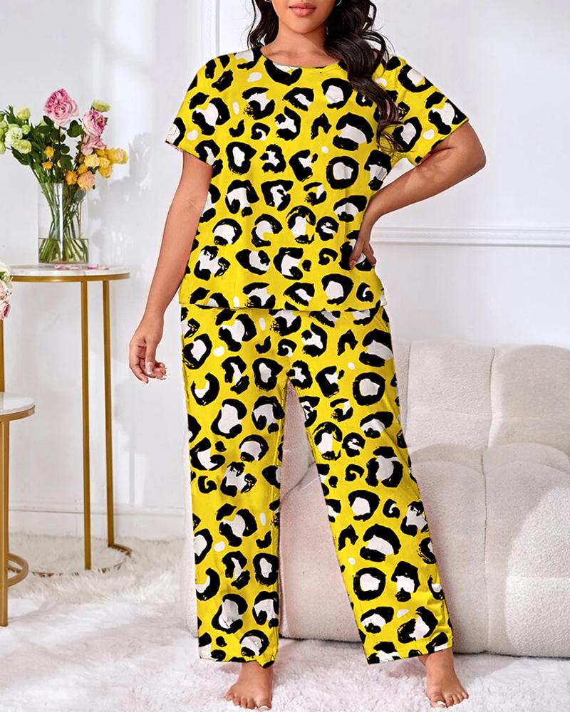 

Plus Size Leopard Print High Waist Pajamas Set, Yellow