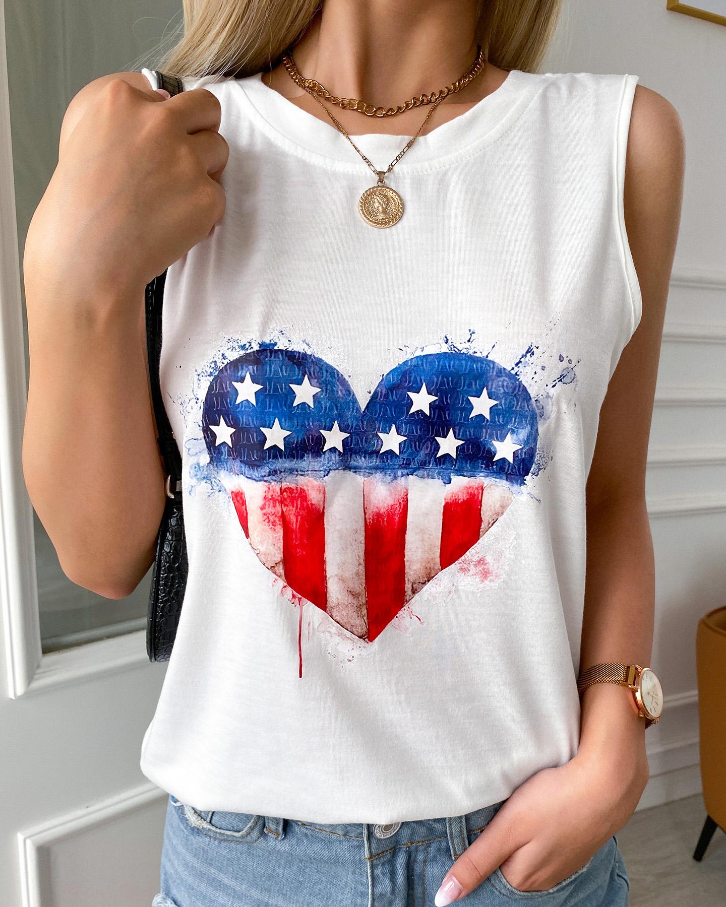 

Flag Heart Print Casual Tank Top, White