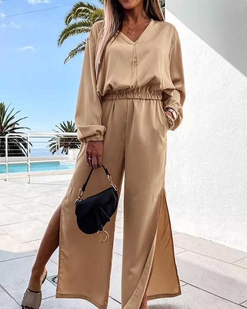 

V-Neck Long Sleeve Top & Slit Pants Set, Coffee